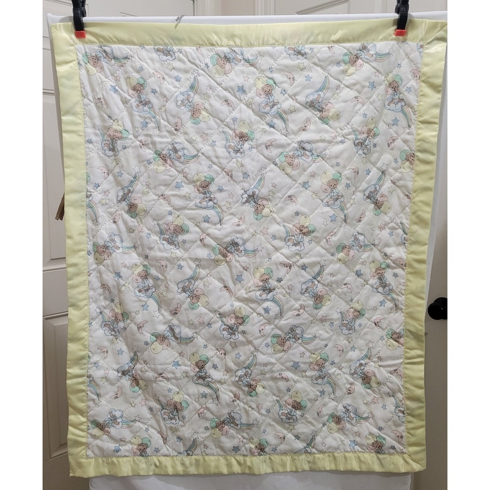 Vintage Precious Moments Bears Baby Quilt Crib Blanket Yellow Satin Trim 36 x 43